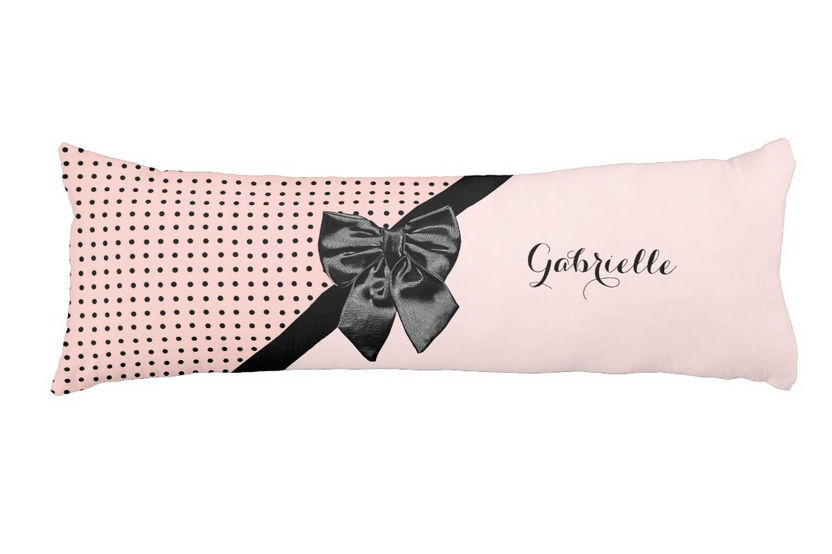 Chic Parisian Pink Polka Dots With Black Bow and Personalized Name Body Pillow