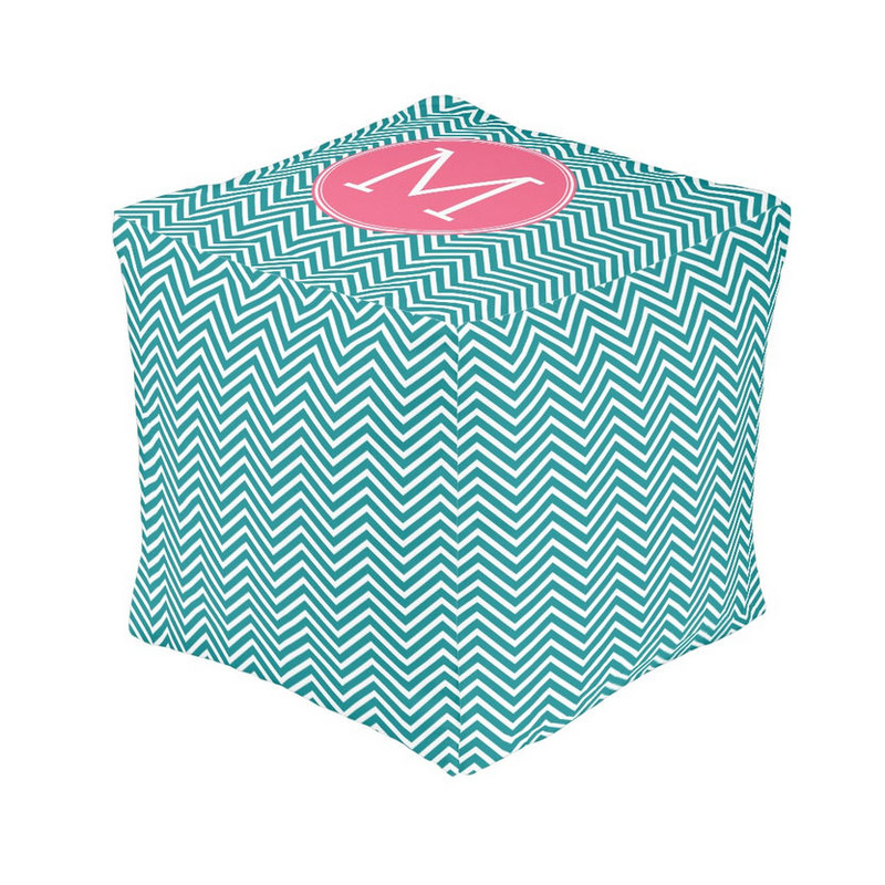 Girly Teal and White Chevron Pattern With Hot Pink Circle Monogram Pouf