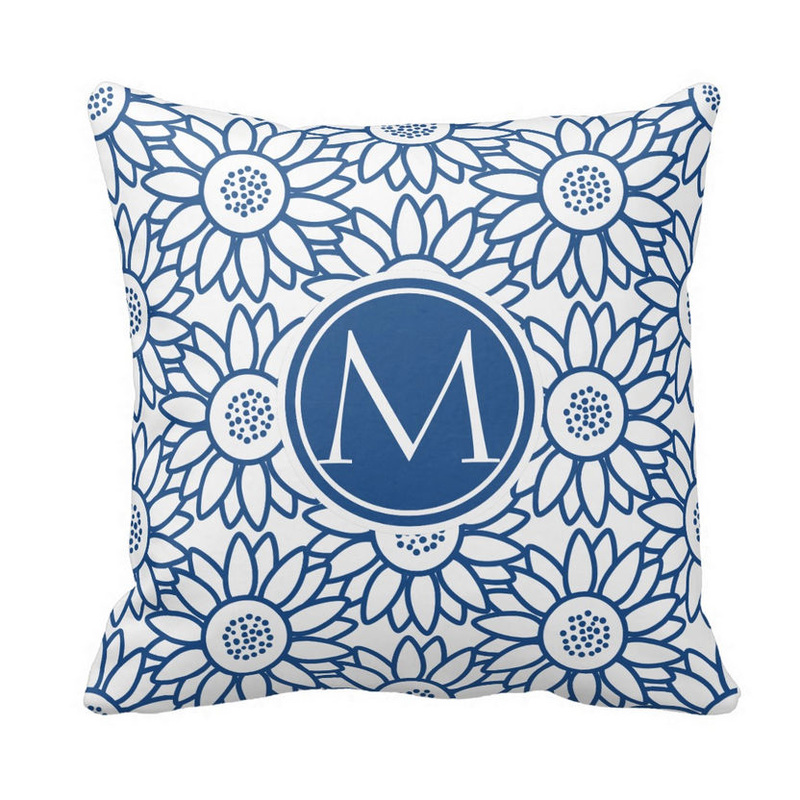 Elegant Monogram Classic Blue and White Sunflower Pattern Square Throw Pillow