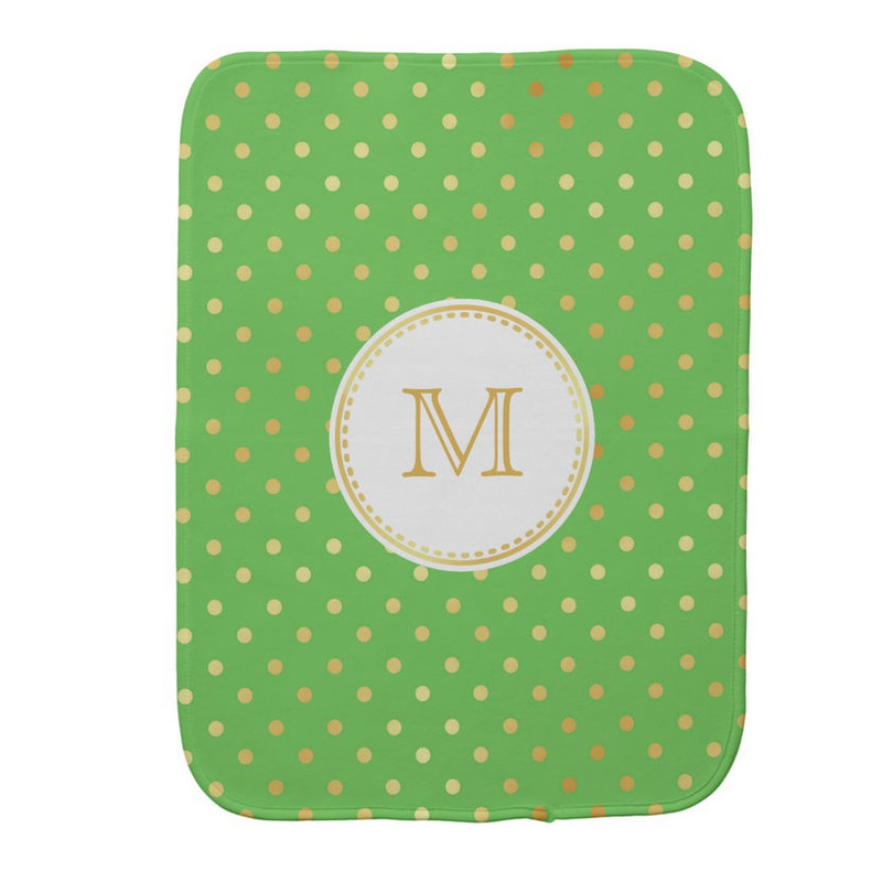Girly Green and Gold Polka Dots With Custom Monogram Baby Burp Cloth