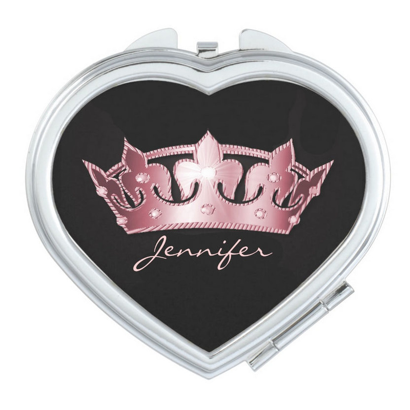 Pretty Black and Pink Princess Crown Personalized Name Compact Mirror