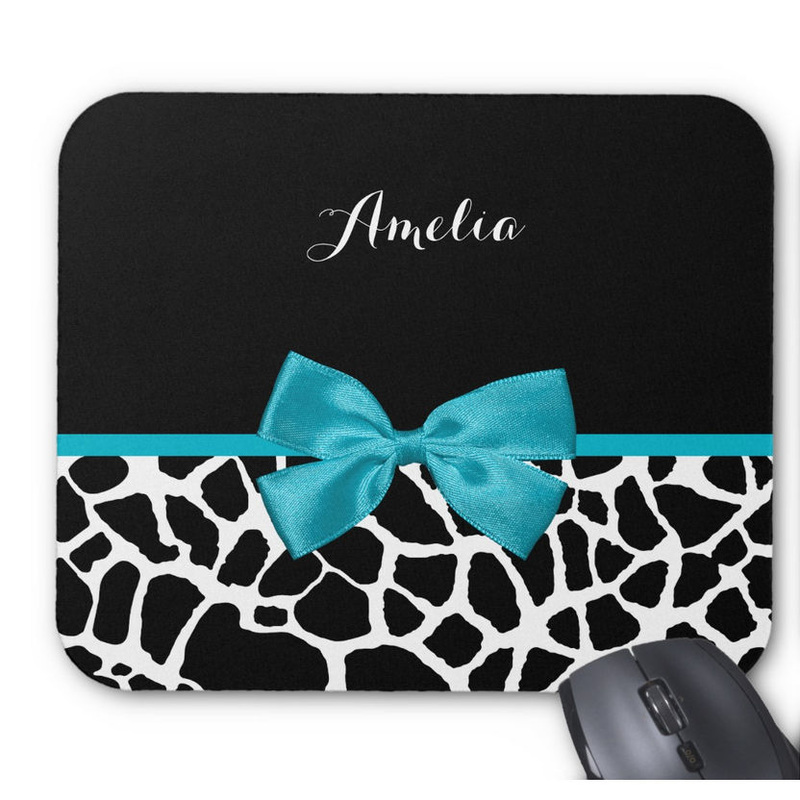 Trendy Giraffe Print With Cute Turquoise Bow and Name Mouse Pad