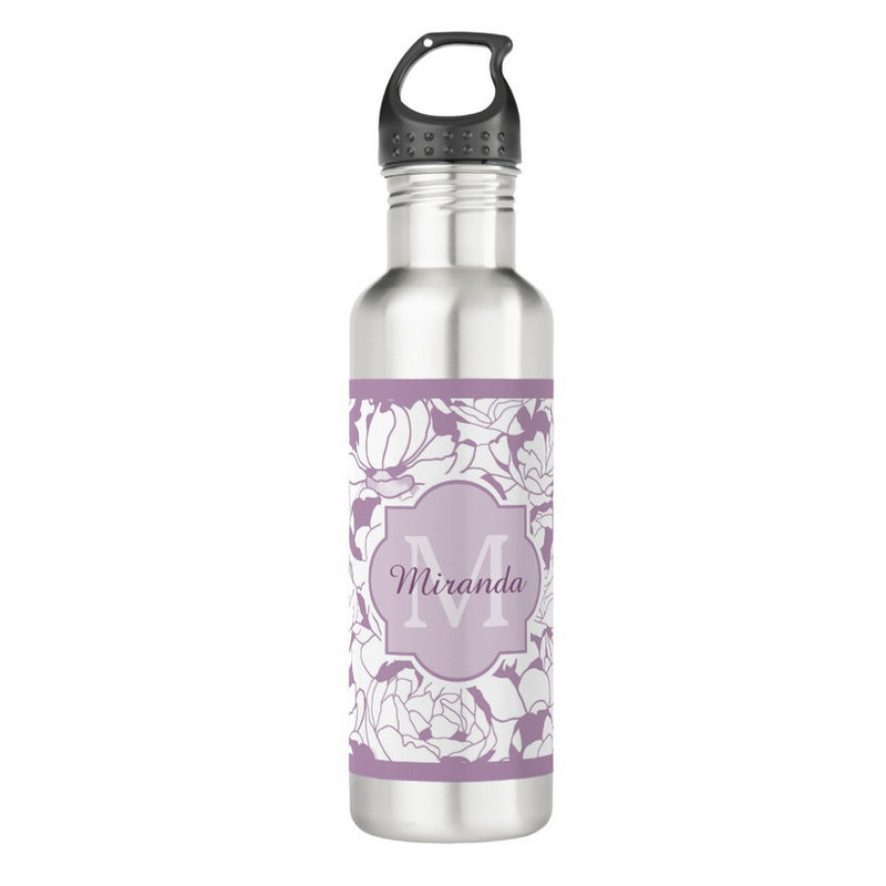 Modern Purple Floral Girly Monogram With Name 24oz Water Bottle