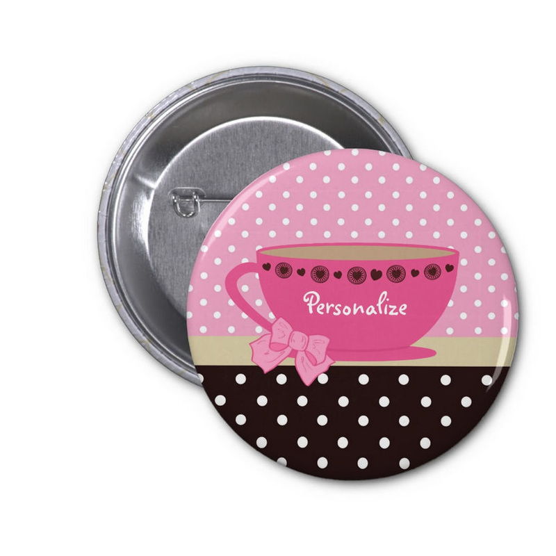 Girly Teacup Pink and Brown Polka Dot Bow and Name 2 Inch Round Button