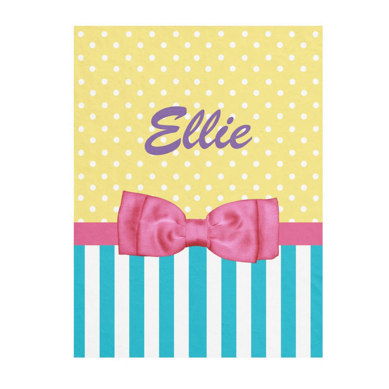 Spring Stripes and Polka Dots Pink Bow and Name Fleece Blanket