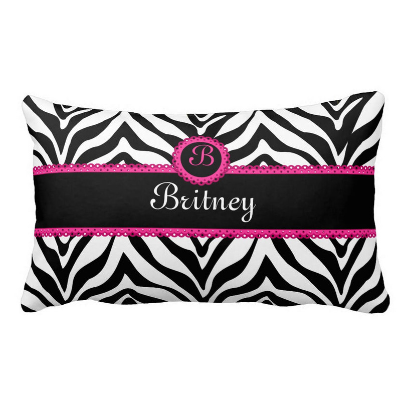 Hip Pink and Black Zebra Print and Lace Monogram With Name Lumbar Pillow