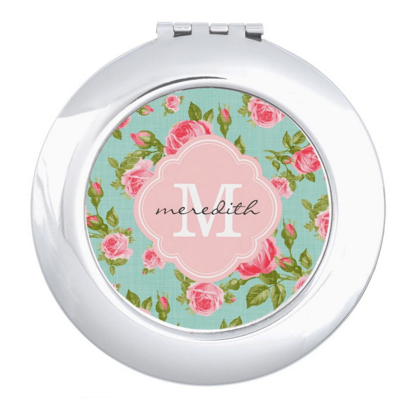 Girly Vintage Roses Pink and Mint Floral Monogram Mirror For Makeup