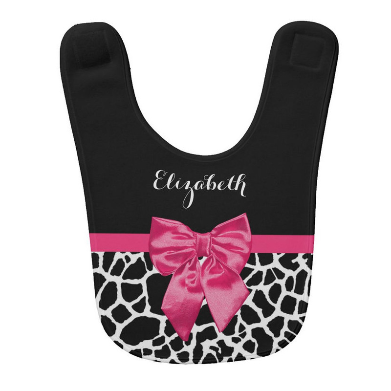 Girly Black and White Giraffe Print With Cute Hot Pink Bow Baby Name Bib