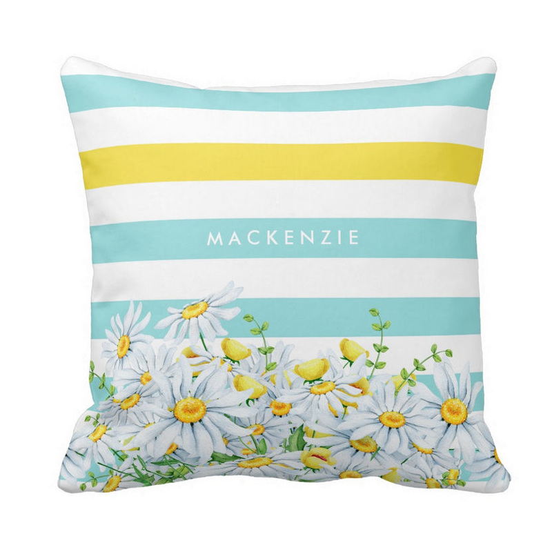 Girly Aqua Stripes With Yellow Daisies and Name Throw Pillow