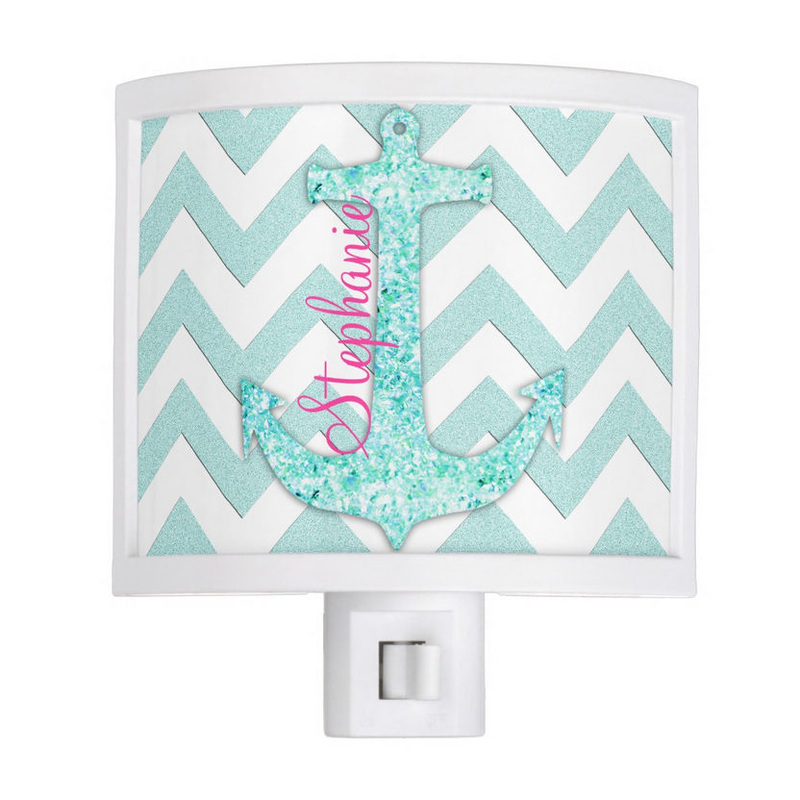 Girly Aqua Glitter Anchor Teal Chevron Pattern With Pink Name Night Light