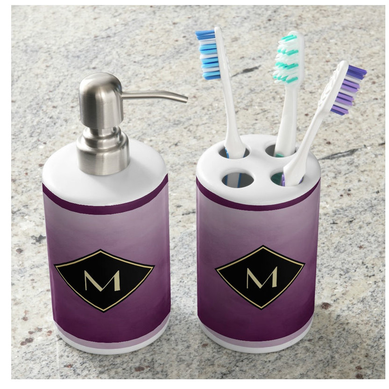 Elegant Brushed Purple With Simple Gold Monogram Toothbrush Holder Set
