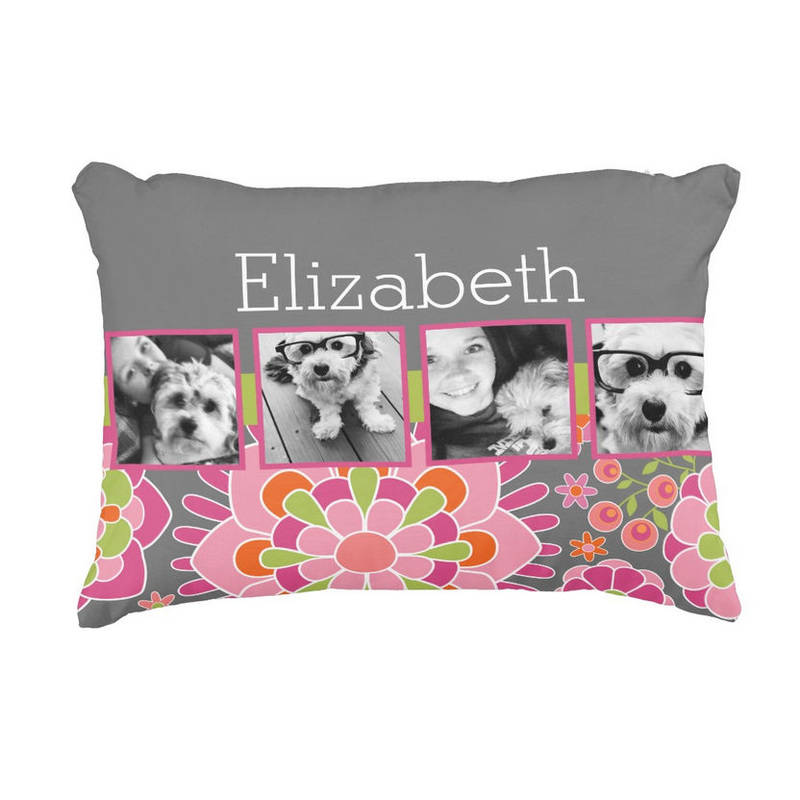Cute Photo Collage Hot Pink and Orange Flowers With Name Decorative Pillow