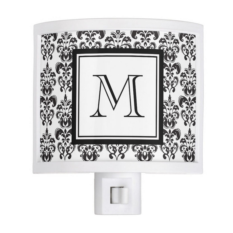 Elegant Black and White Damask Pattern  With Square Monogram Night Light