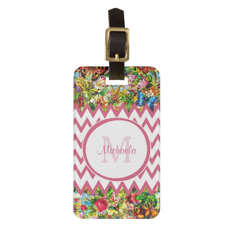 Mod Pink Chevron Vintage Floral Monogram and Name Tag For Luggage