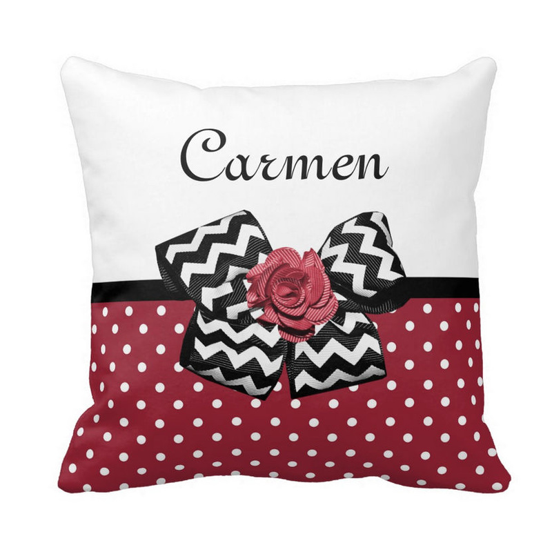 Cute Red Polka Dots With Chevron and Rose Bow With Girly Name Throw Pillow