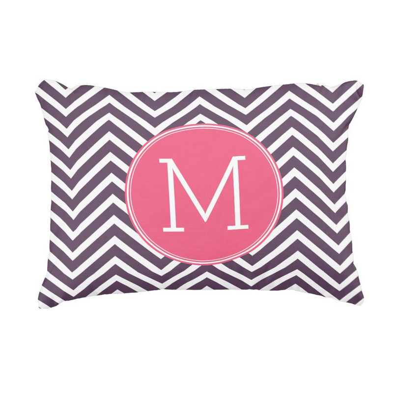 Girly Purple Chevron Pattern With Modern Pink Monogram Decorative Pillow