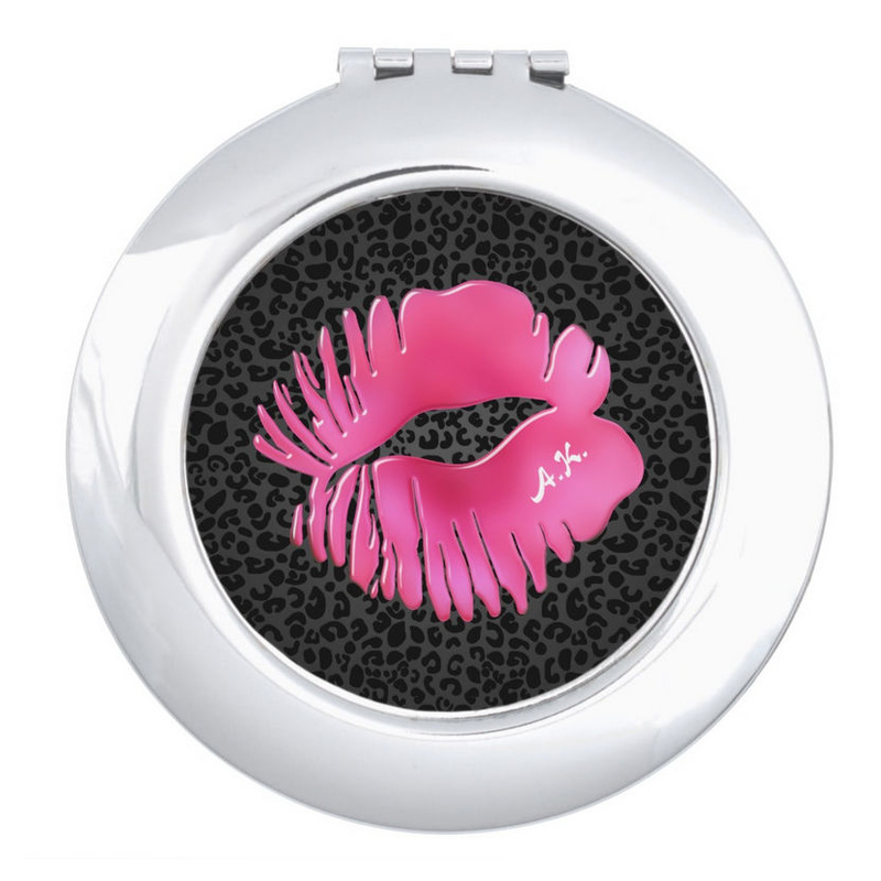 Girly Pink Lips Kiss Black Leopard Monogram Compact Mirror