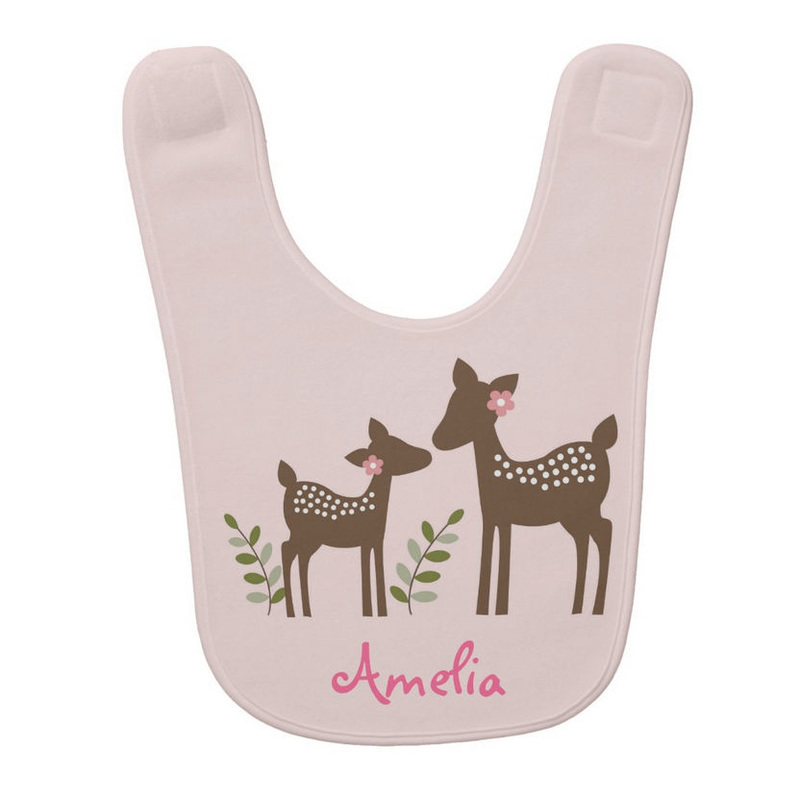 Pretty Pink Deer and Baby Fawn With Personalized Baby Girl Name Baby Bib
