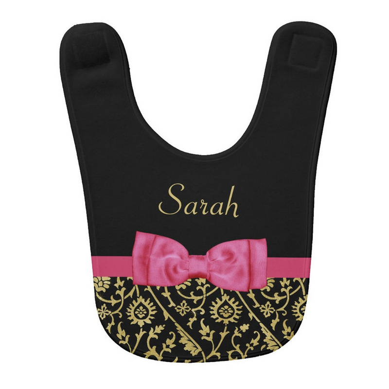Cute Pink Bow Black and Gold Floral Damask Pattern Baby Name Baby Bibs