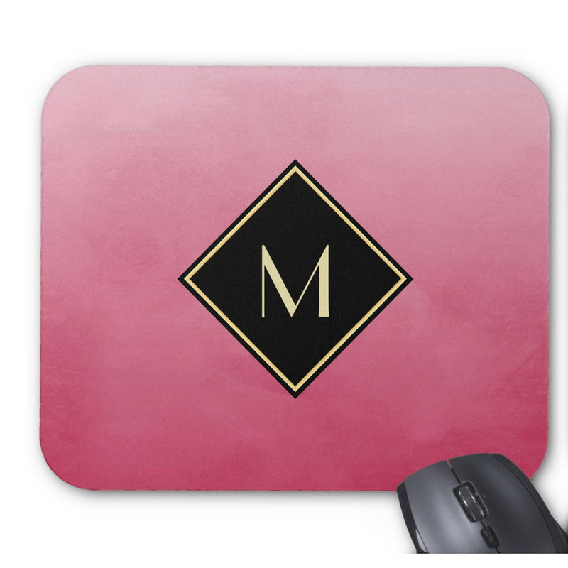 Elegant Brushed Pink With Simple Black and Gold Monogram Mouse Pad