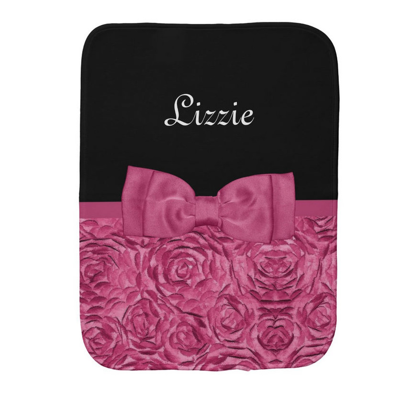 Pretty Pink and Black Rose Floral Bow Baby Name Baby Burp Cloth