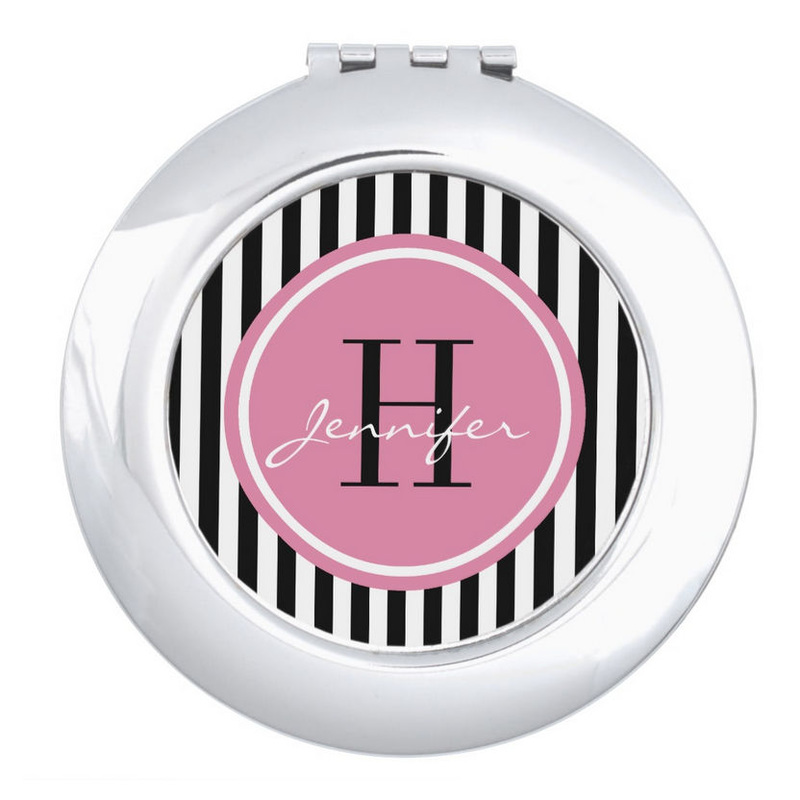 Trendy Vertical Stripes Rose Pink Monogram and Name Compact Mirror