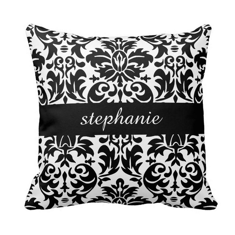 Elegant Damask Pattern in Black and White Personalized With Name Pillow