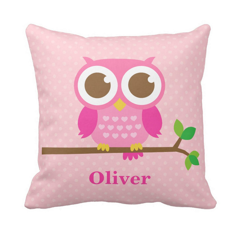Cute Personalized Girly Pink Owl on Branch Girls Room Decor Throw Pillows