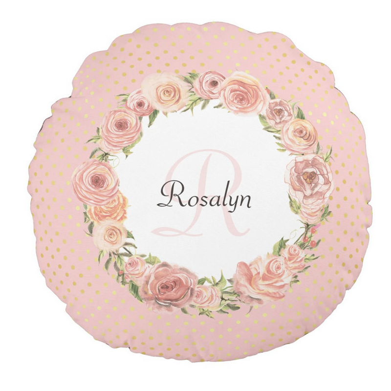 Romantic Pink Dotted Rose Floral Monogrammed Name Round Pillow