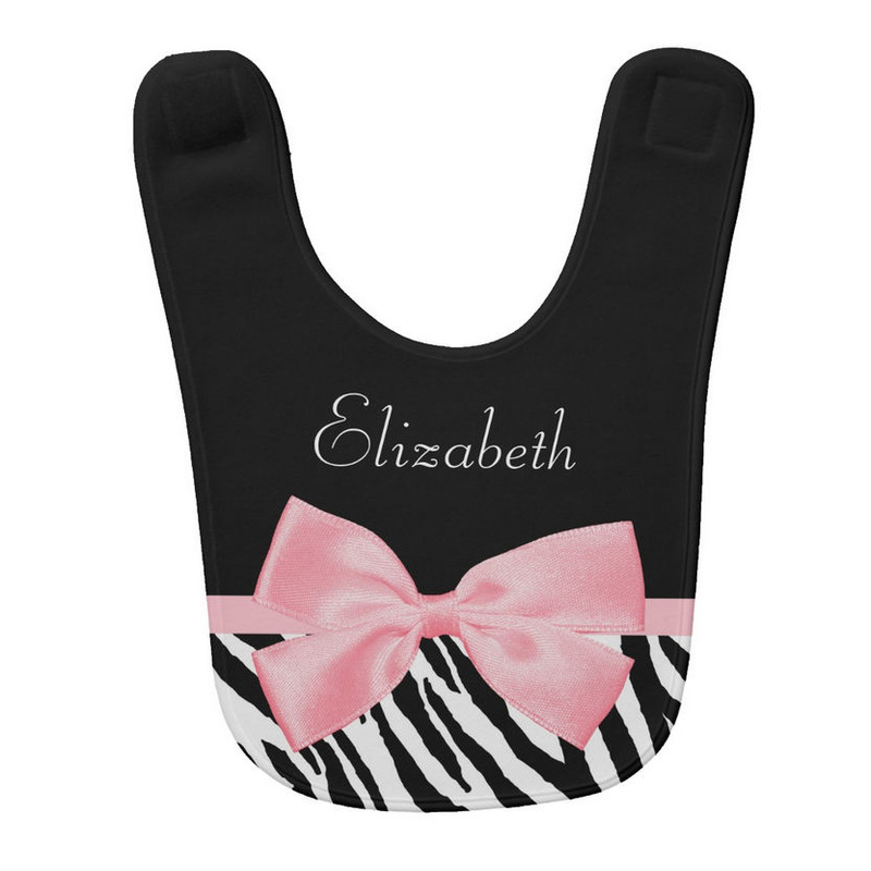 Chic Zebra Print Girly Light Pink Ribbon Personalized With Baby Name Baby Bibs