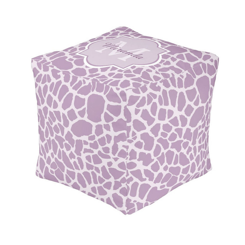 Chic Purple Giraffe Print With Monogram and Name Cube Pouf