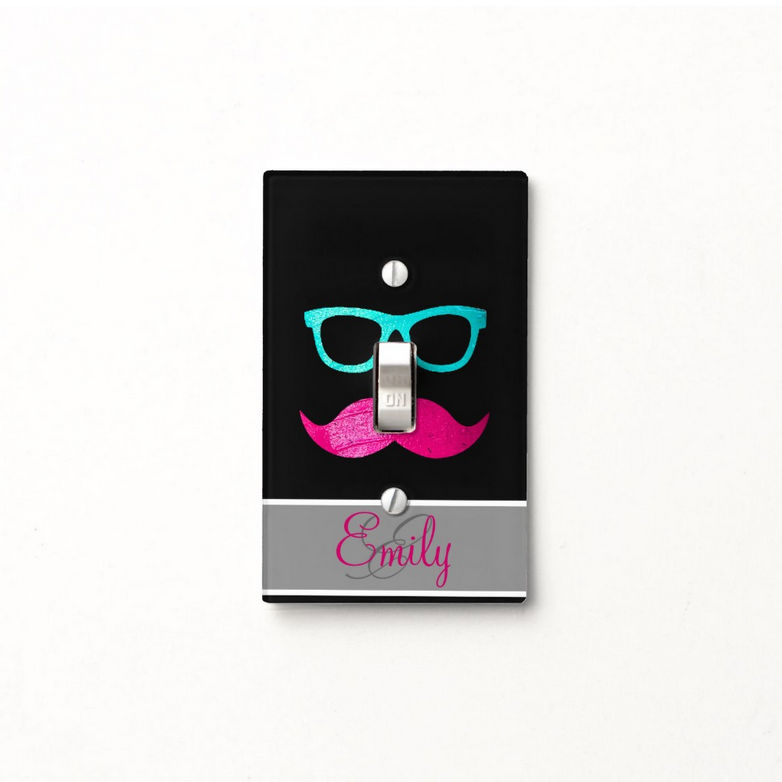 Monogram Funny Pink Mustache Teal Hipster Glasses Switch Plate Covers