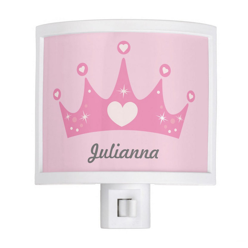 Cute Soft Pink Princess Heart Crown With Personalized Name Night Light