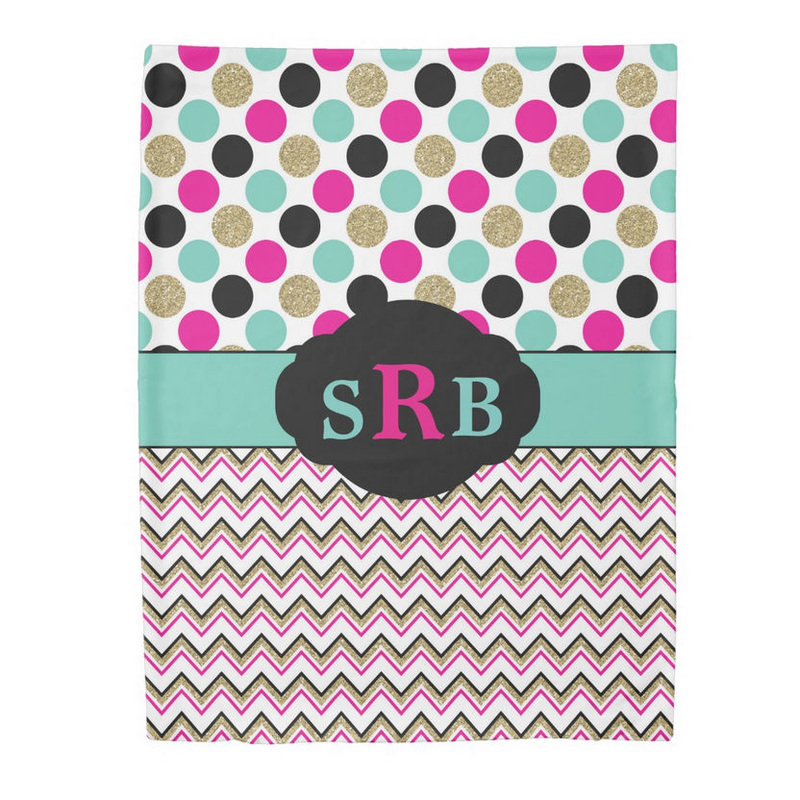 Girly Pink and Aqua Dots Colorful Chevrons With Monogram Duvet Cover