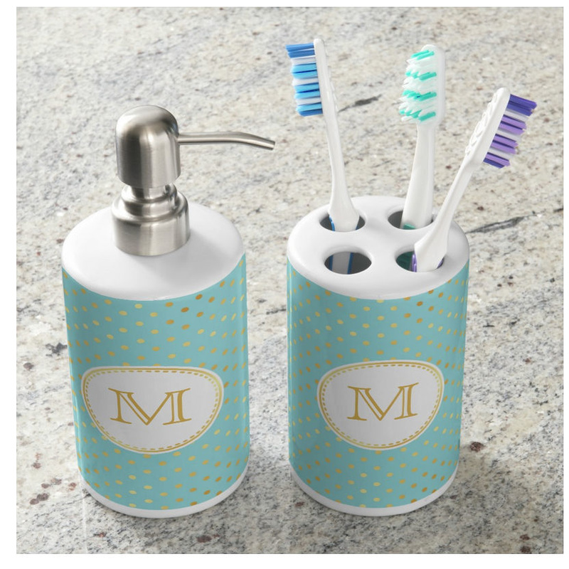 Elegant Monogram  Aqua and Gold Dots Soap Dispenser And Toothbrush Holder