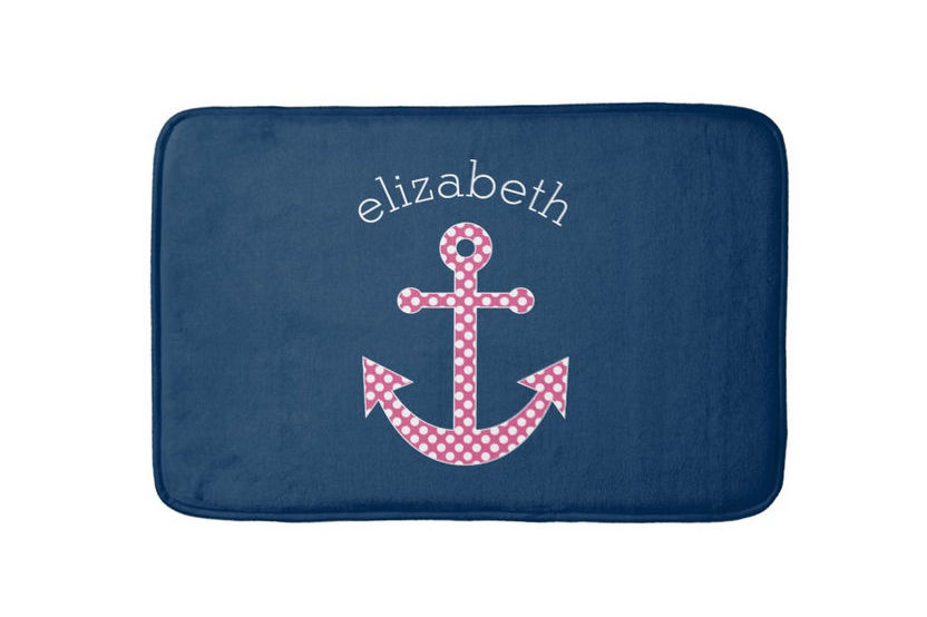 Cute Pink Polka Dot Anchor with Navy Custom Name Bathroom Mat