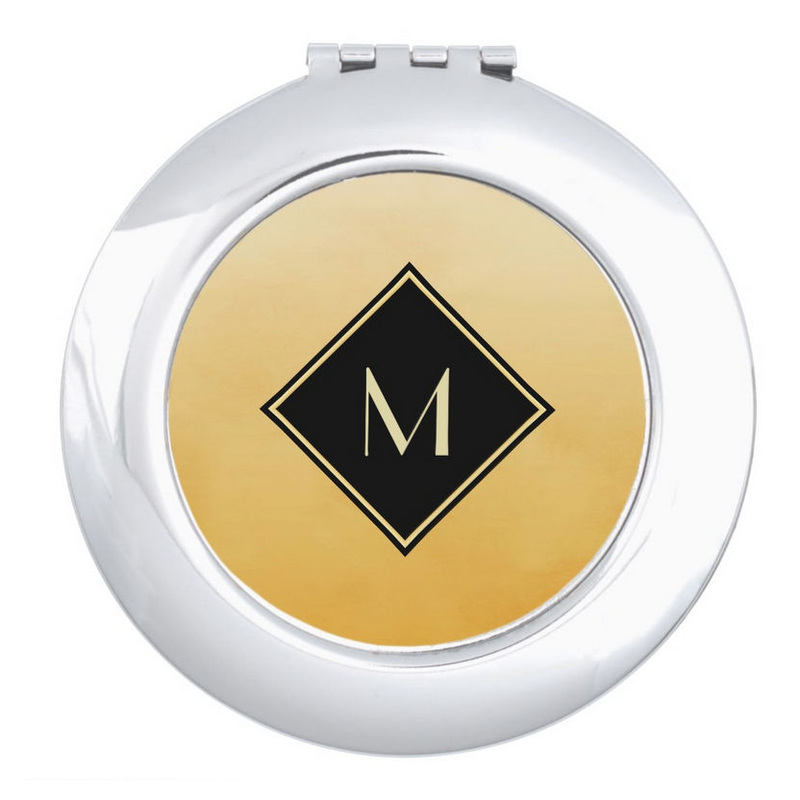 Elegant Brushed Yellow With Simple Gold Monogram Compact Mirror