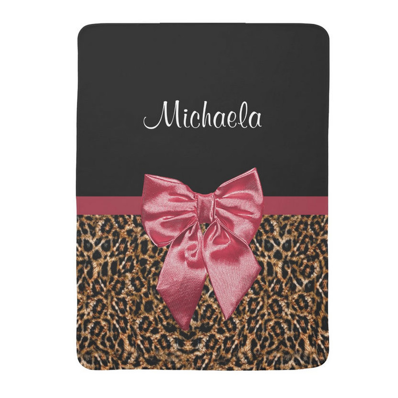 Stylish Leopard Print Elegant Red Bow and Name Swaddle Blanket