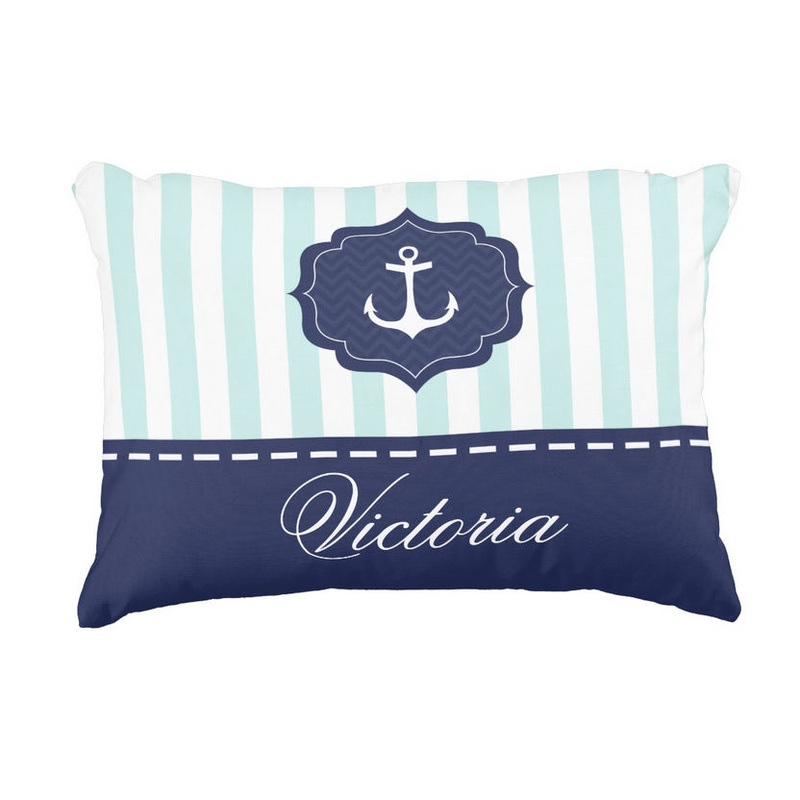 Nautical Mint Stripes With Navy Blue Anchor and Custom Name Accent Pillow