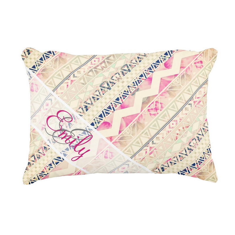 Girly Pink Floral Abstract Aztec Pattern With Personalized Name Accent Pillow
