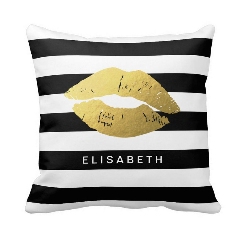 Trendy Gold Lips with Classic Black and White Stripes With Name Square Pillow