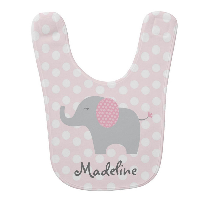 Cute Baby Elephant Pink and White Polka Dots With Baby Girl Name Baby Bib