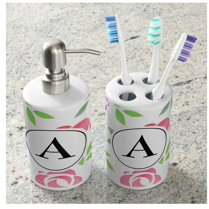 Watercolor Floral Roses Monogram Soap Dispenser And Toothbrush Holder