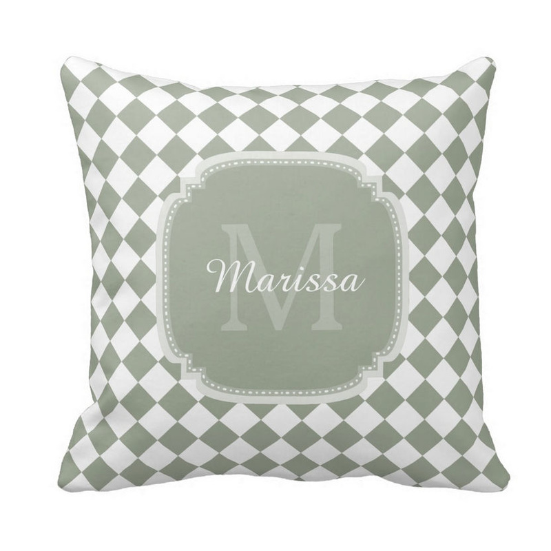 Trendy Sage Green Checked Monogram With Name Modern Square Throw Pillow