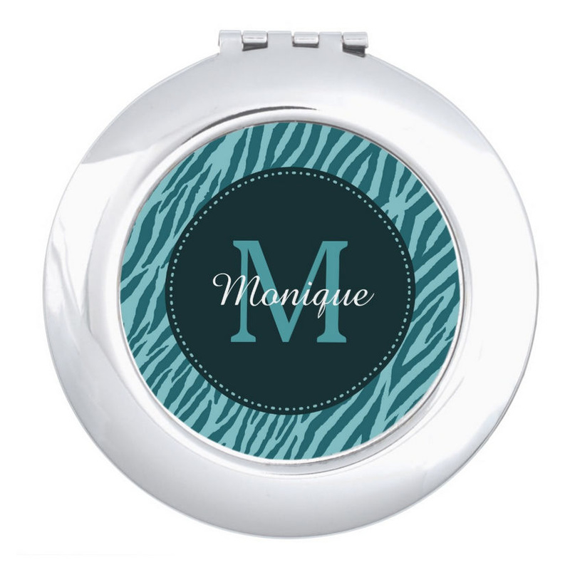 Stylish Teal Zebra Print With Monogram and Name Compact Mirrors