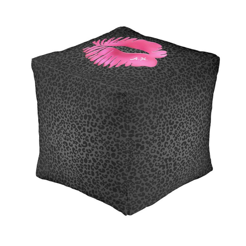 Girly Hot Pink Lips Kiss Black Leopard Print With Monogram Cute Pouf