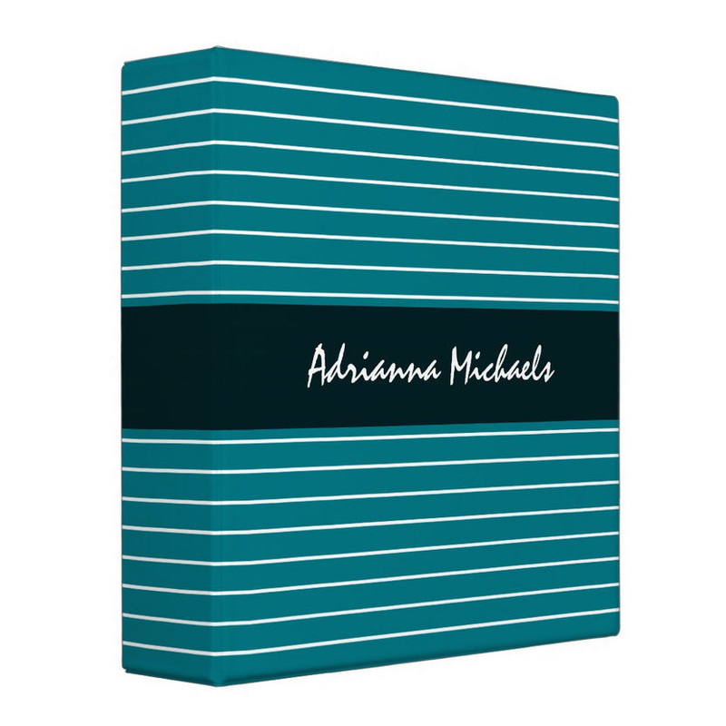 Modern Chic Thin Teal Stripes With Name Vinyl Binders