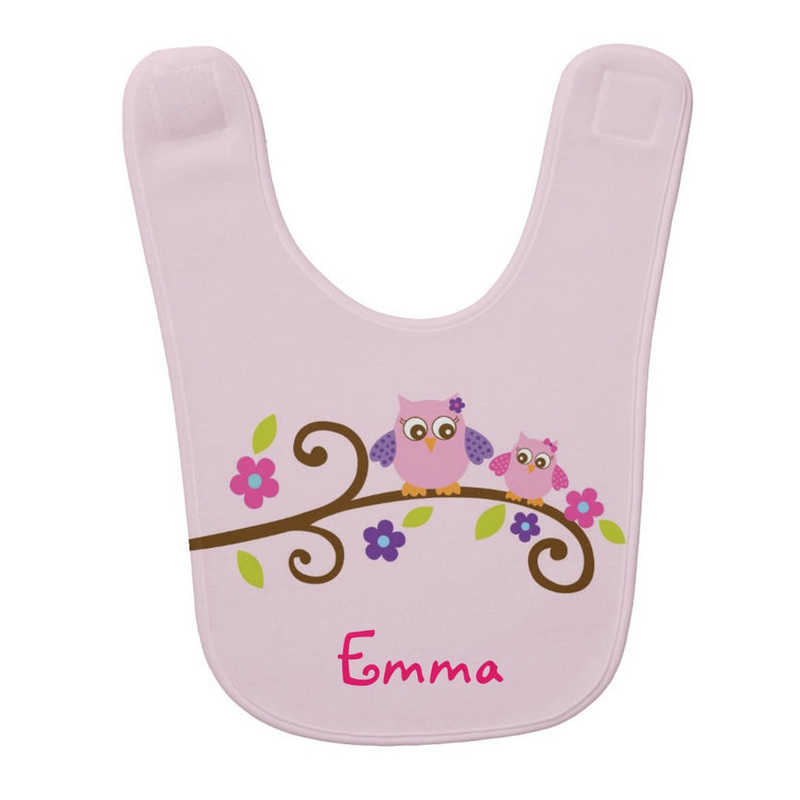 Pretty Pink Owls Cute Pink Flowers With Personalized Name Baby Bib
