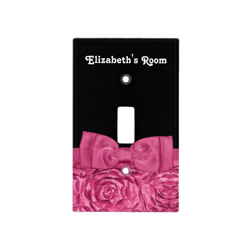 Pretty Pink and Black Rose Floral Pattern Chic Bow Light Switch Plate