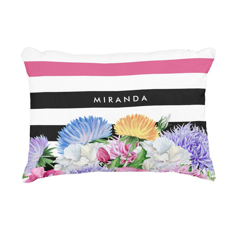 Trendy Pink and Black Stripes Colorful Floral With Name Decorative Pillow